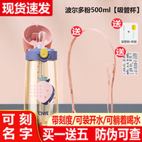 QWE产妇带吸管杯子ppsu材质大人刻度女水壶直饮上学儿童水杯 波尔多粉500ml【吸管杯】