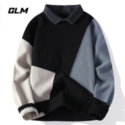 森馬集团GLM春季新款衬衫领假两件套头薄款毛衣 男带领针织衫外套