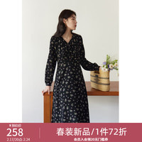 DUSHU 独束 大码女装法式甜美V领碎花连衣裙女春装微胖mm显瘦茶歇裙 黑底棕花 3