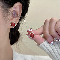 ÖKO 小巧精致方形珍珠耳钉时尚简约百搭小众设计感新款耳环女 E566方形红色珠珠