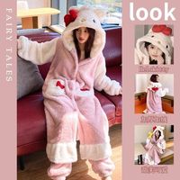 FENFEI 芬妃 三丽鸥(SANRIO)睡袍家居服珊瑚绒睡衣女冬季卡通连帽保暖加绒加厚套装可外穿睡服 凯蒂猫套装(睡袍+裤子) XL码(体重130-160斤)