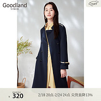 音儿（YINER）Goodland美地女装春季撞色拼接长款双排扣风衣外套 复古蓝 44