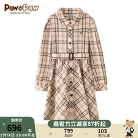 PawinPaw卡通小熊童装2024年春季新款女童格纹印花淑女风连衣裙 Beige米色/35 1