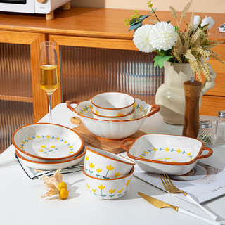 CERAMICS 佩尔森 陶瓷餐具碗碟套装家用简约釉下彩饭碗盘筷餐具整套山菊花8头