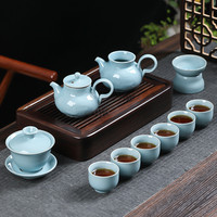 苏氏陶瓷 汝窑茶具套装一鹿有你浮雕汝窑功夫茶具开片礼盒装11头