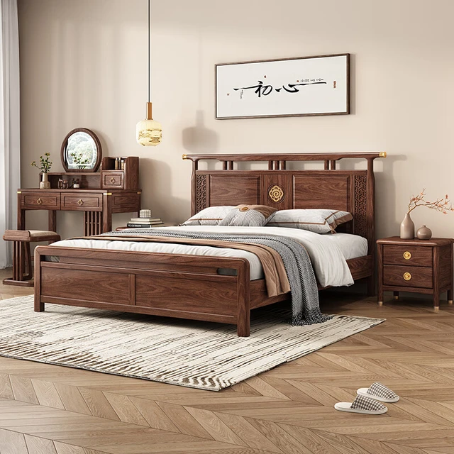 温暖一家实木床主卧室1.8m2米床架新中式黑胡桃木高箱储物双人床婚床大床 床+椰棕床垫+床头柜*2【箱框】 1500mm*2000