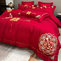 恋织家 新款龙凤刺绣全棉结婚四件套大红色床单被套纯棉婚庆喜被床上用品