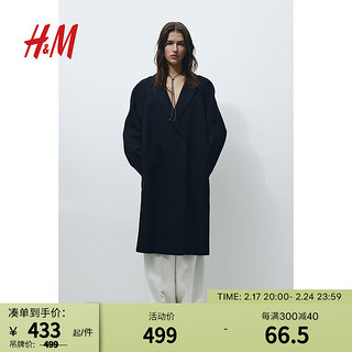 H&M 女装毛呢外套中长款双排扣及膝后开叉大衣1205043 黑色 155/76A