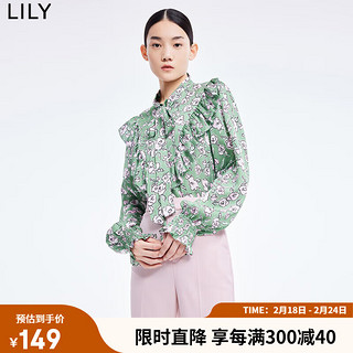 LILY夏女装浪漫荷叶边优雅印花长袖飘带衬衫 337冰清绿 XS