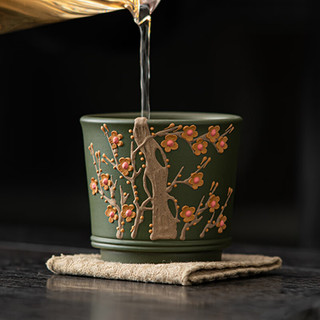 苏氏陶瓷（SUSHI CERAMICS）宜兴紫砂紫砂绿泥梅花杯子主人杯品茗杯功夫茶杯盒