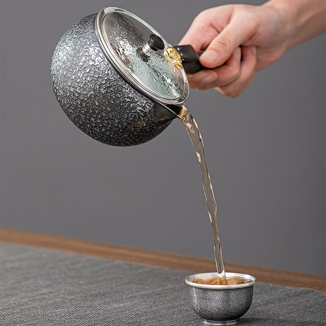 归银堂银壶茶水壶侧把纯银泡茶壶煮茶壶足银999多功能三用家用银器茶具