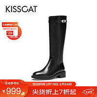KISSCAT 接吻猫 2023冬季新款骑士靴加绒长筒靴复古增高时装靴女KA43708-51 黑色（加绒） 38