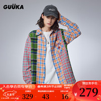 GUUKACBC街舞联名格子衬衫男春潮 青少年复古个性拼接上衣宽松高级 橙色 S