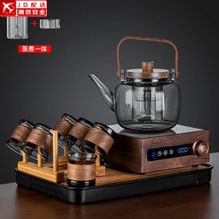 正扬 电陶炉煮茶器胡桃木电茶炉玻璃泡茶蒸煮烧水壶功夫茶具套装家用小 胡举物如意提六竹环+架长琴黑