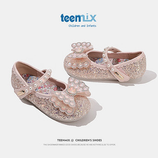 天美意（TEENMIX）天美意女童水晶鞋公主2024春季儿童皮鞋水钻演出单鞋宝宝 粉色 单层  35码
