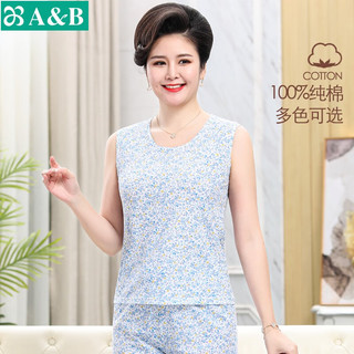 A&B纯棉女中老年春夏薄款家居服睡衣背心居家宽松大码上衣S722 雅蓝 XL