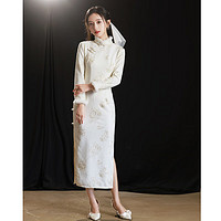 馨兰芙曼订婚旗袍年轻款新中式白色订婚女春秋季年少女气质温柔款裙子 米白色(朦胧绣花长款·玫瑰扣 M