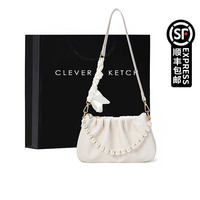 CLEVER & KETCH 包包女包2023女士单肩包斜挎包珍珠褶皱云朵包腋下包 米白色