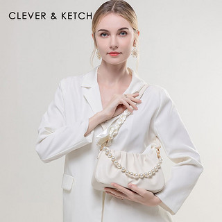 CLEVER & KETCH 包包女包2023女士单肩包斜挎包珍珠褶皱云朵包腋下包 米白色