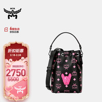 MCM 女士黑色牛皮革抽绳迷你水桶包斜挎包 MWDDSTA01QH001