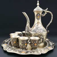 途贺欧式白酒酒杯带把创意古典金属家居饰品仿古风青铜杯酒具套装摆件 城堡酒具套装【八件套】