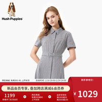 Hush Puppies暇步士女装2024夏纯棉休闲风提花修身显瘦可调节腰衬衫连衣裙 388黑白 M