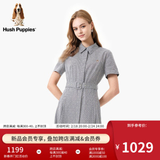 Hush Puppies暇步士女装2024夏纯棉休闲风提花修身显瘦可调节腰衬衫连衣裙 388黑白 M