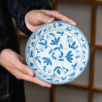美浓烧(Mino Yaki)日本餐盘陶瓷青花盘子菜盘家用高级感饺子盘备菜盘日式 蓝染唐草 6.5英寸