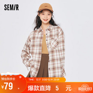 Semir 森马 长袖衬衫女中长款宽松衣服春秋复古格子衬衣港风102522105002 M