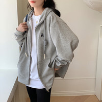 品彩连帽卫衣女韩版慵懒风字母宽松开衫拉链外套上衣 P12KW1835 灰色