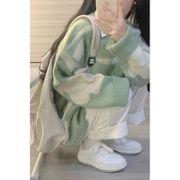 萨姆依日系复古撞色毛衣女秋冬宽松加厚慵懒风bf软糯温柔内搭打底针织衫 绿色 均码