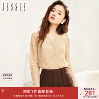 JESSIE 优雅蕾丝花边V领钩花显瘦衬衫上衣女秋 驼色 M