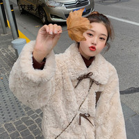 艾珠儿加绒羊羔毛外套女装秋冬季百搭韩版宽松蝴蝶结加厚短款羊羔绒 图片色 M