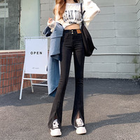 翊尚美高腰牛仔裤女春秋显瘦百搭微喇叭裤子设计感直筒开叉休闲裤女 黑色【常规款】 27【96-105斤】
