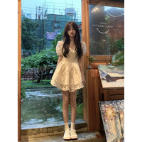 Lingtos 领季 甜辣妹连衣裙女夏季日系收腰纯欲泡泡袖公主裙温柔风提花蓬蓬裙子 米白色 M 91-100斤