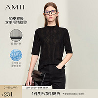 AMII2024春极简纯色半高领微透肤蕾丝提花含羊毛中袖针织衫女 黑色 170/92A/XL