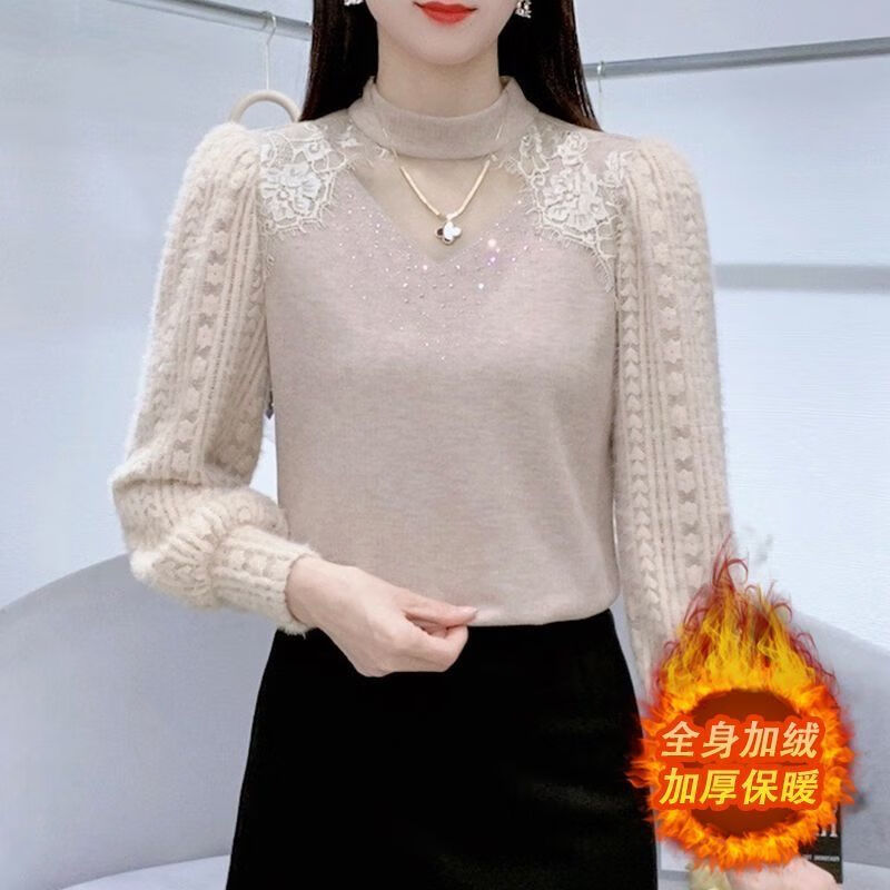 ECOZXM打底衫女可外穿 时尚洋气春遮肚子半高领烫钻拼接加绒加厚蕾丝秋 A1004茶色【加绒保暖】 L 85-100斤