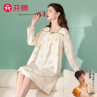 芬腾睡裙女纯棉2024年春季复古方领蝴蝶结花卉舒适长袖中裙家居服