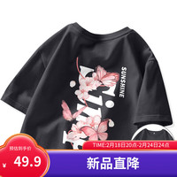 班尼路粉色重磅短袖t恤女2024夏季新款小个子宽松纯棉半袖上衣 深灰-粉花蝴蝶K+粉花蝴蝶B M