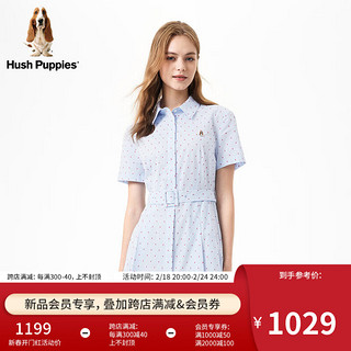 Hush Puppies暇步士女装2024夏纯棉休闲风提花修身显瘦可调节腰衬衫连衣裙 362蓝红 M