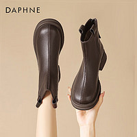 DAPHNE 达芙妮 短靴女牛皮复古厚底瘦瘦靴粗跟马丁靴女鞋子 4023605004 棕色 37