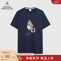 布克兄弟（BrooksBrothers）男士24早春棉圆领卡通图案针织T恤 B475-深蓝色 L