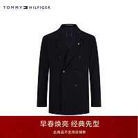 TOMMY HILFIGER 24早春男羊毛混纺商务条纹双排扣合身西装外套TQ001670 黑色401 46