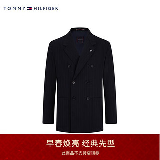 TOMMY HILFIGER 24早春男羊毛混纺商务条纹双排扣合身西装外套TQ001670 黑色401 46