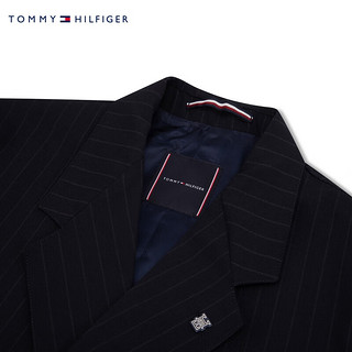 TOMMY HILFIGER 24早春男羊毛混纺商务条纹双排扣合身西装外套TQ001670 黑色401 46