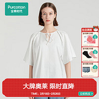 全棉时代 女士格子衬衫复古文艺系带小众衬衣上衣 黑白格 S