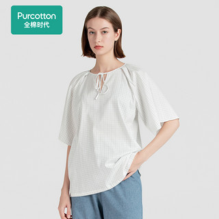 全棉时代 女士格子衬衫复古文艺系带小众衬衣上衣 黑白格 S