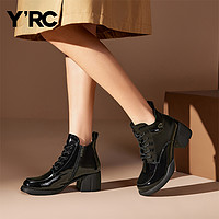 YRC 小香风短靴女秋冬2023新款时尚英伦风粗高跟亮皮百搭时装靴子