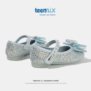 天美意（TEENMIX）天美意女童水晶鞋公主2024春季儿童皮鞋水钻演出单鞋宝宝 蓝色 单层  28码
