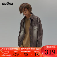 GUUKALAB废土风牛仔长袖衬衫男春新快潮 美式复古时尚打破传统上衣宽松 咖啡 L